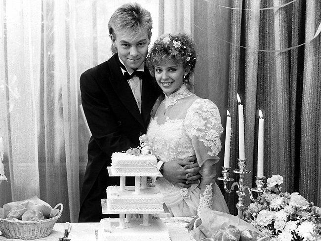 Jason Donovan and Minogue as Scott and Charlene's wedding on the set of Neighbours in June 1989. Picture: Supplied/Channel 10  