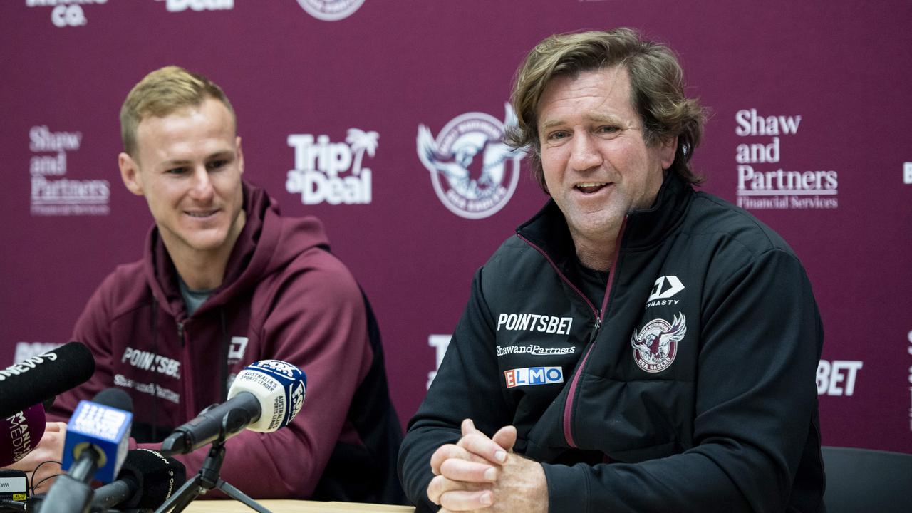 Sea Eagles captain Daly Cherry-Evans and coach Des Hasler fronted the media on Tuesday. Picture: Monique Harmer