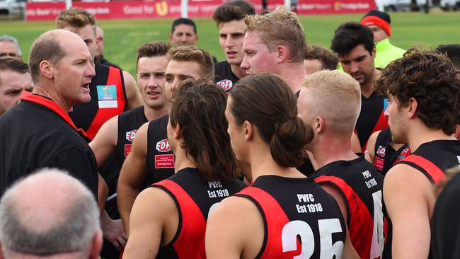 Pascoe Vale coach Digby Morrell addresses his players last year. Picture: Josie Hayden