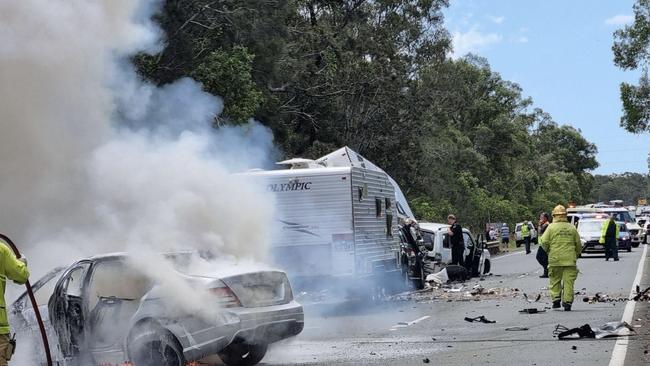 A multi-vehicle crash blocked the Maryborough-Hervey Bay Road, disrupting traffic at Susan River on Thursday. Photos: Contributed