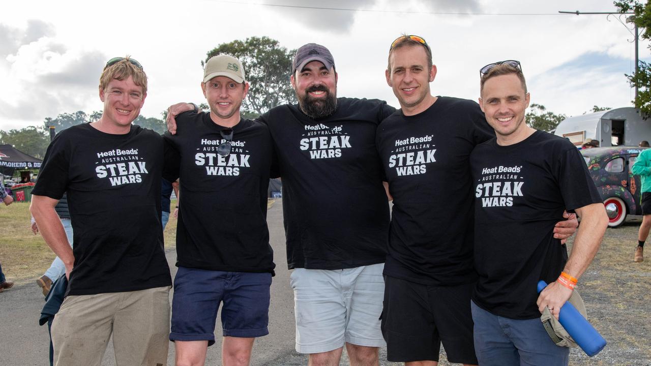 Corey Watts (left) with Ryan Taylor, David Kerske, Jon Blessing and Brett Norvill. Meatstock - Music, Barbecue and Camping Festival at Toowoomba Showgrounds.Friday March 8, 2024 Picture: Bev Lacey