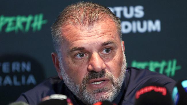 Tottenham Hotspurs' manager Ange Postecoglou speaks during a press conference in Perth on July 17, 2023 ahead of the pre-season friendly football match between Tottenham Hotspur and West Ham United. (Photo by TREVOR COLLENS / AFP) / -- IMAGE RESTRICTED TO EDITORIAL USE - STRICTLY NO COMMERCIAL USE --