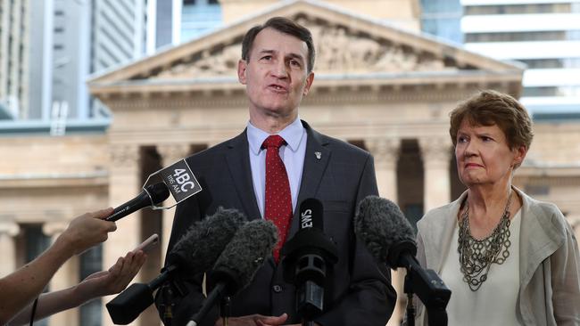 Outgoing Lord Mayor Graham Quirk and wife Anne speaking at a press conference after announcing his retirement. Picture: Tara Croser.