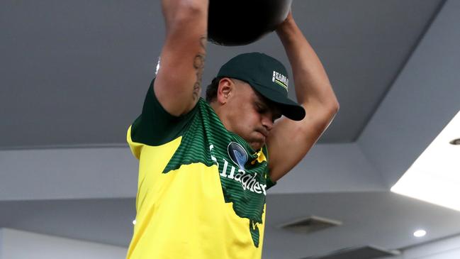 Latrell Mitchell hits the gym before the Kangaroos get ready to depart for the World Cup. Picture: Brendon Thorne/Getty Images