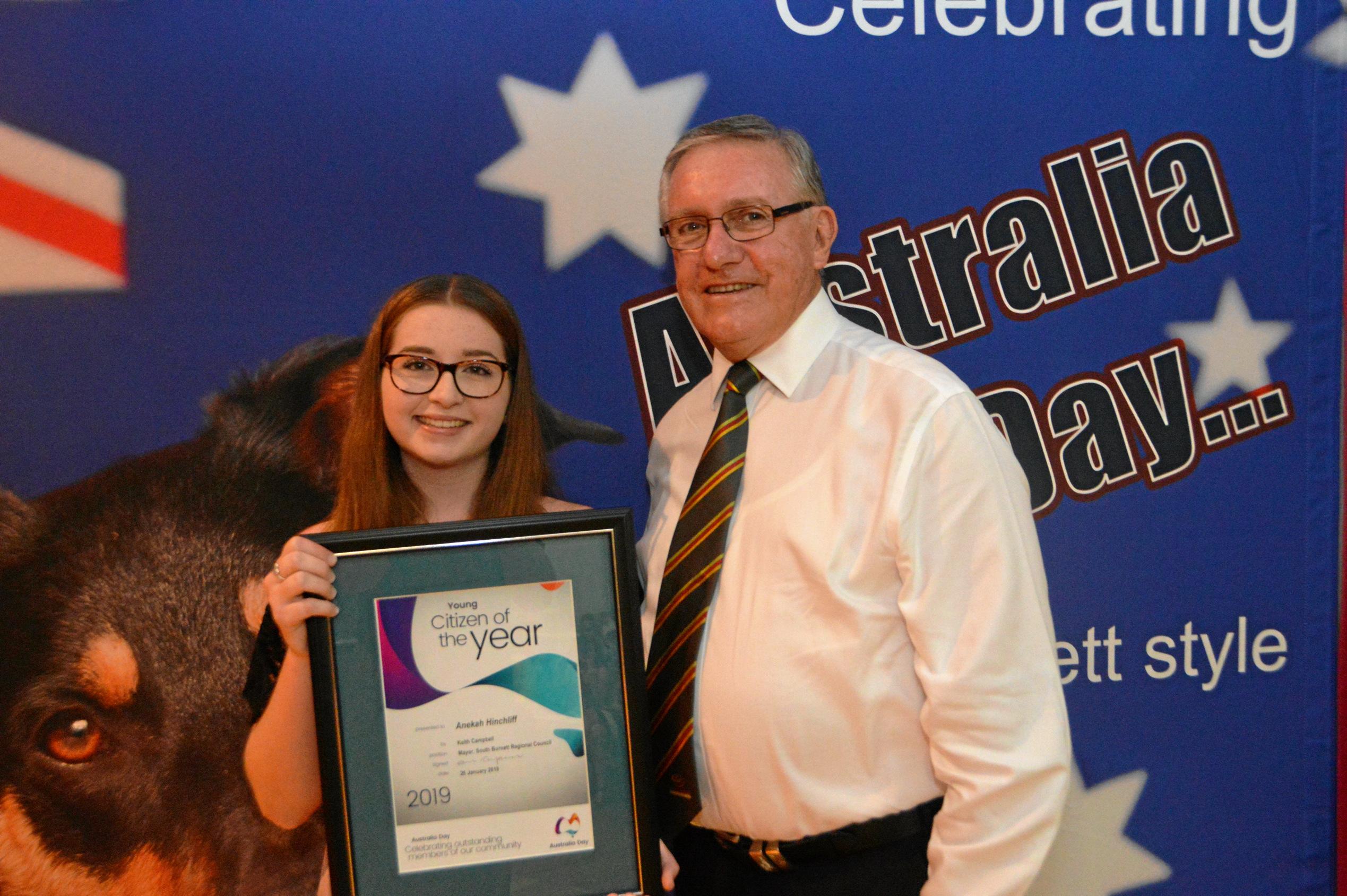 Winner of the South Burnett young citizen of the year award Anekah Hinchliff with South Burnett Mayor Keith Campbell. Picture: Claudia Williams