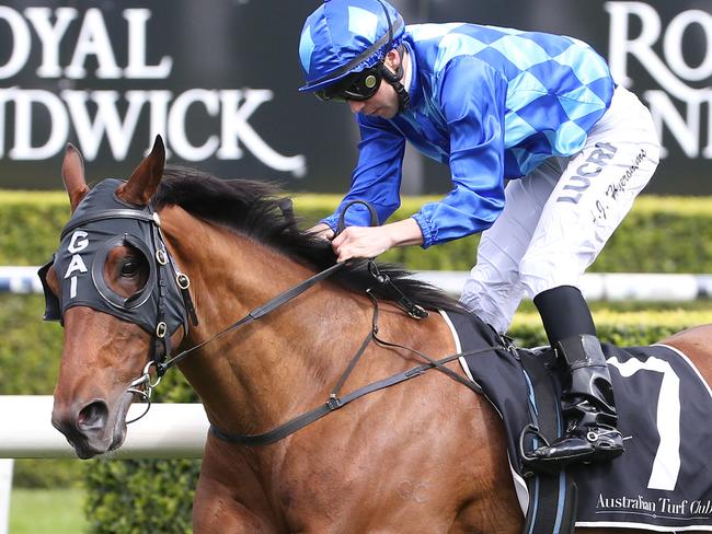 Broadside ridden by Adam Hyeronimus wins the Adina Apartment Hotels Handicap race during the Moet & Chandon Spring Champion Stakes Day at Randwick Racecourse in Sydney, Saturday, Oct. 8, 2016. (AAP Image/David Moir) NO ARCHIVING, EDITORIAL USE ONLY