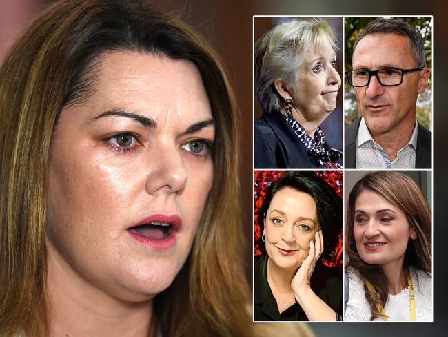 Greens Senator Sarah Hanson-Young and (inset, clockwise from top left) Jane Caro, Richard di Natale, Patricia Karvelas and Wendy Harmer.