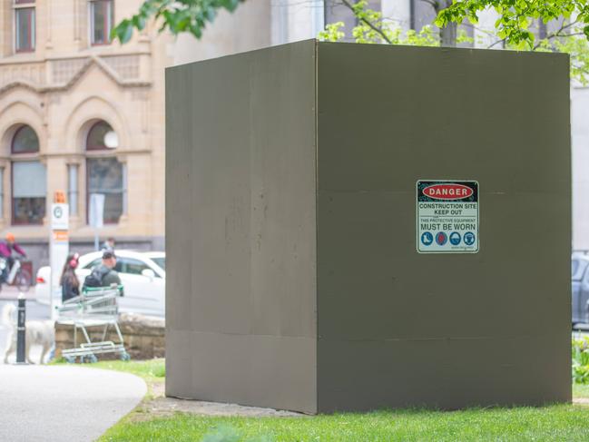 A box containing the base of the Crowther Statue in Franklin Square, Hobart on Tuesday 19th November 2024. Picture: Linda Higginson