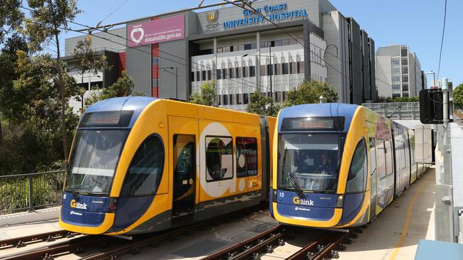 Trams outside Gold Coast University Hospital. Picture Glenn Hampson