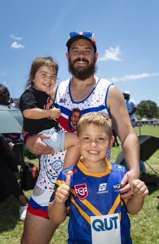 Michael Waters with his kids Malia and Christian Waters at the Warriors Reconciliation Carnival at Jack Martin Centre, Saturday, January 25, 2025. Picture: Kevin Farmer