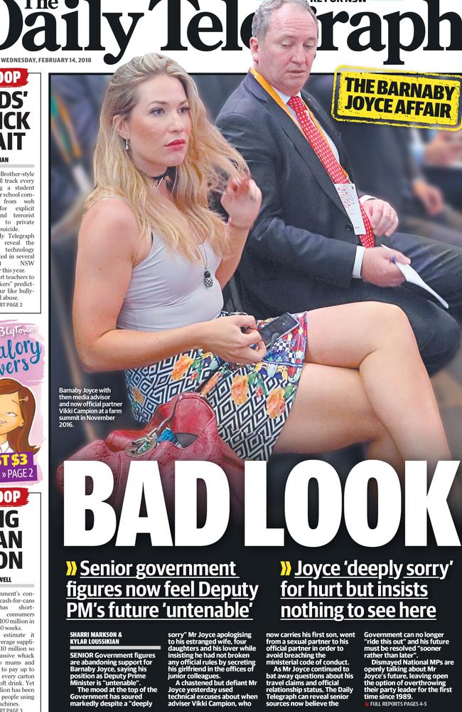 The Daily Telegraph front page on Barnaby Joyce and Vikki Campion’s relationship..