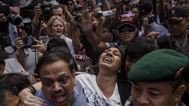 Harrowing scenes as Brintha Sukumaran, sister of Myuran Sukumaran, screams as she arrives at Wijaya Pura port to visit her brother for the last time.