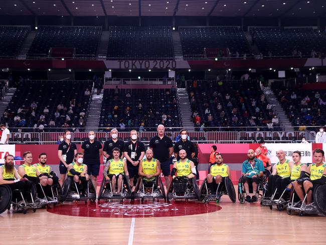 Team Australia pose after being defeated by Team Japan during the bronze medal wheelchair rugby match on day 5 of the Tokyo 2020 Paralympic Games. Picture: Alex Pantling/Getty Images