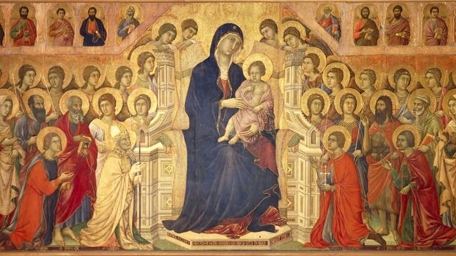 Virgin enthroned with child, surrounded by angels and saints, the central panel of the Maesta, 1308-1311, by Duccio di Buoninsegna.