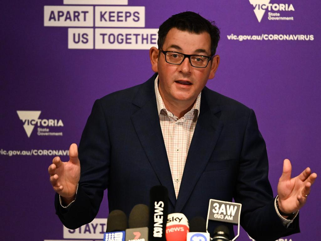 Premier Dan Andrews speaks to the media after Victoria recorded a record number of cases and fatalities. Picture: William West/AFP