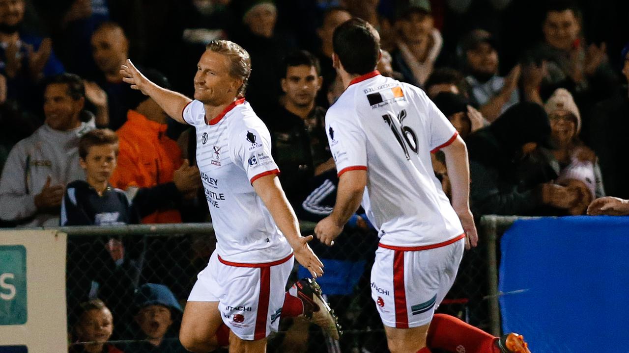 Daniel McBreen of the Eagles celebrates a goal during the FFA Cup Round of 16 match between the Edgeworth FC and the Newcastle Jets at Jack McLaughlin Oval in Edgeworth, August 21, 2019. (AAP Image/Darren Pateman)