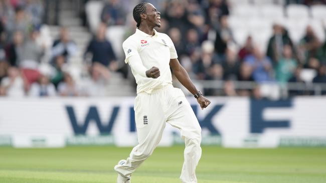 England's Jofra Archer celebrates after taking his fifth wicket, that of of Australia's Pat Cummins caught by Jonny Bairstow for 0 at Headingley. Picture: AP