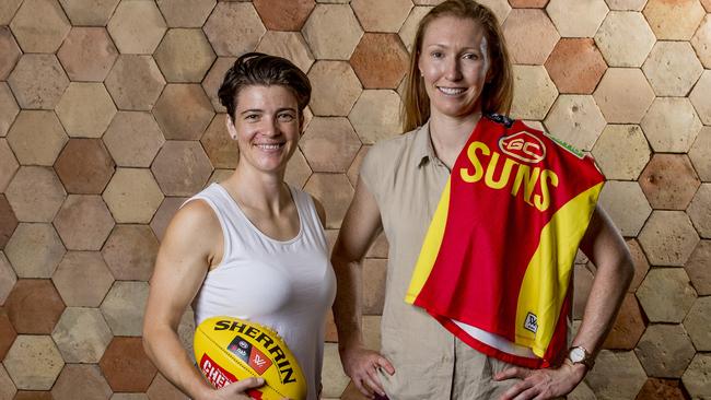 Gold Coast Suns AFLW players, Sam Virgo and Tiarna Ernst. Picture: Jerad Williams