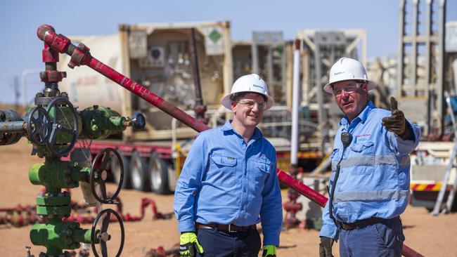 Christian Winterfield with Adrian Rietschel, Santos site supervisor, at the Santos carbon capture storage trial project in South Australia. Picture: Kelly Barnes