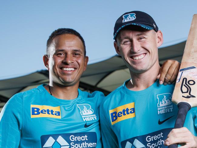 Usman Khawaja and Marnus Labuschagne at the Gabba ahead of their first BBL game of the season for the Brisbane Heat. Picture Lachie Millard