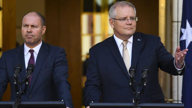 Treasurer Josh Frydenberg and Prime Minister Scott Morrison announce their stimulus package last week. Picture: AAP