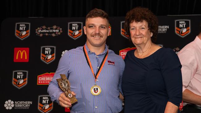Brodie Toms and Jackie Edwards at the 2023 NRL NT Frank Johnson / Gaynor Maggs medal night. Picture: Pema Tamang Pakhrin