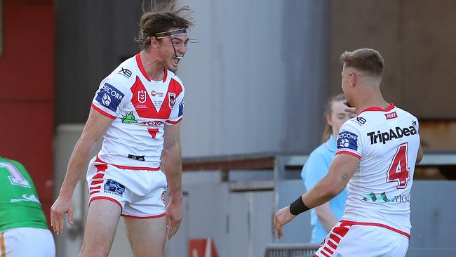 Cody Ramsey celebrates after scoring his second try on debut. Picture: Getty Images