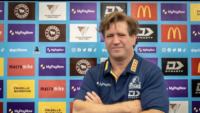 New Titans coach Des Hasler wearing the club colours for the first time. Credit: Supplied.