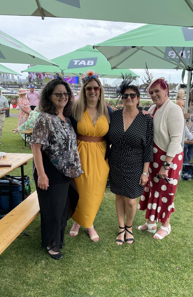 Maryanne, Elaine, Karen and Dani at the 2024 Crown Oaks Day, held at Flemington Racecourse. Picture: Gemma Scerri