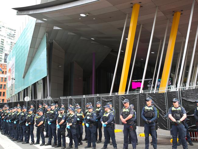 Police hold a line in ahead of Land Forces Expo, which was swarmed by thousands of anti-war protesters. Sunday. Picture: David Crosling