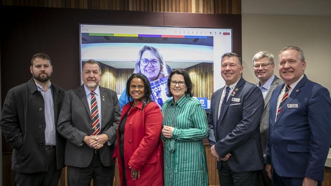 Councillors present in person at Budget 2024-2025 with Mayor Harding and Deputy Mayor Jonic joining via video conference. Picture: Ipswich City Council.