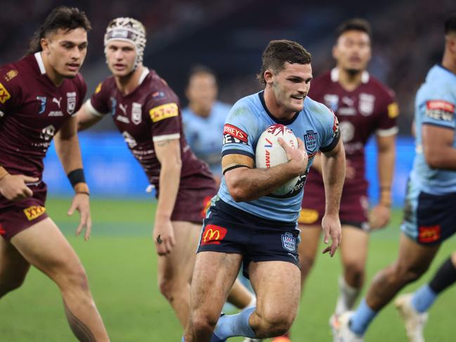 Nathan Cleary of the New South Wales Blues runs with the ball during the second game of the State of Origin rugby league series between Queensland and New South Wales in Perth on June 26, 2022. (Photo by Trevor Collens / AFP) / -- IMAGE RESTRICTED TO EDITORIAL USE - STRICTLY NO COMMERCIAL USE --