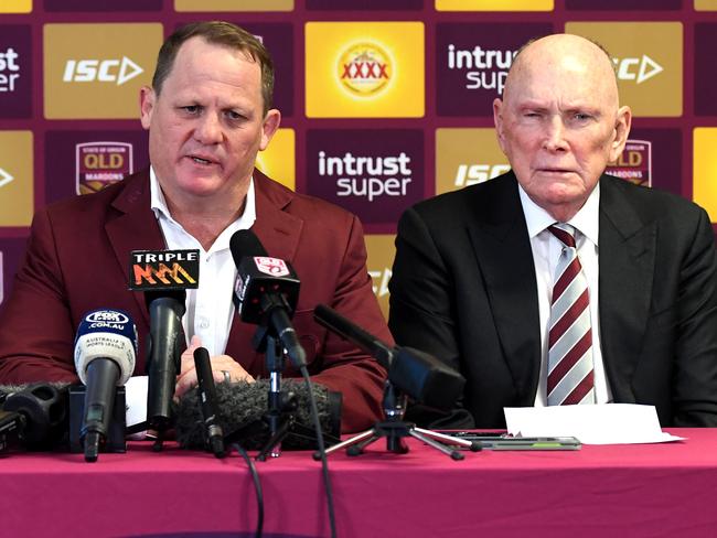 Queensland Maroons coach Kevin Walters with Queensland Rugby League chairman Bruce Hatcher. Picture: AAP Image/Dan Peled