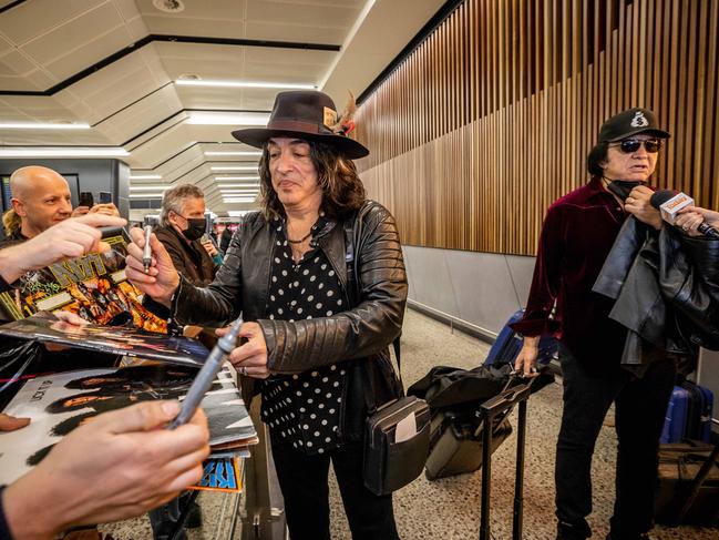 Paul Stanley signs autographs for fans upon arrival at Melbourne Airport to begin the Australian leg of the End of the Road Tour. Picture: Jake Nowakowski
