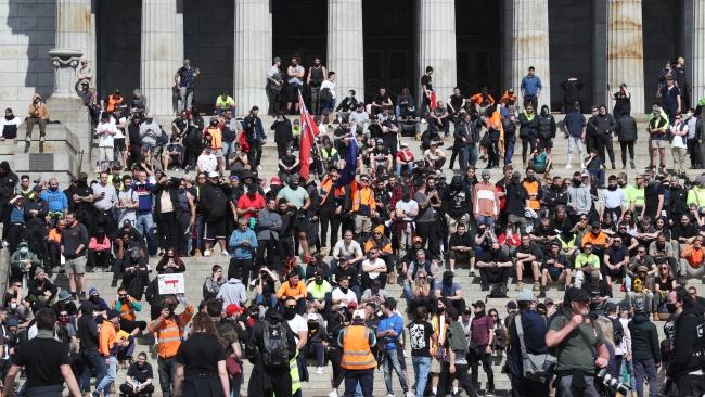 Protesters took over the Shrine of Remembrance, a memorial to Australian war veterans. Picture: David Crosling