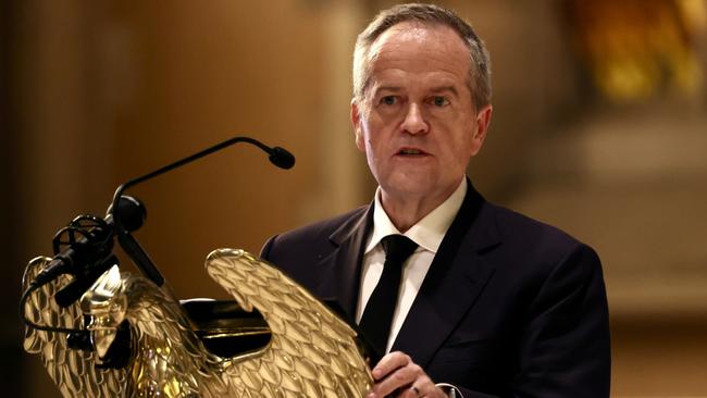 Bill Shorten addresses Senator Kitching’s funeral. Picture: NCA NewsWire / David Geraghty