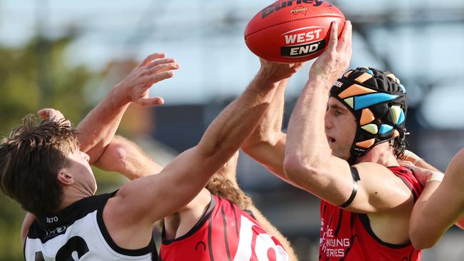 West Adelaide key defender Josh Ryan takes a strong mark in the Bloods’ 10-point loss to Port Adelaide at Alberton Oval. Picture: David Mariuz/SANFL.