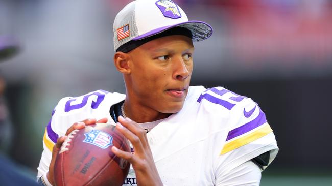 Dobbs warms up before the game against the Atlanta Falcons. Picture: Getty Images