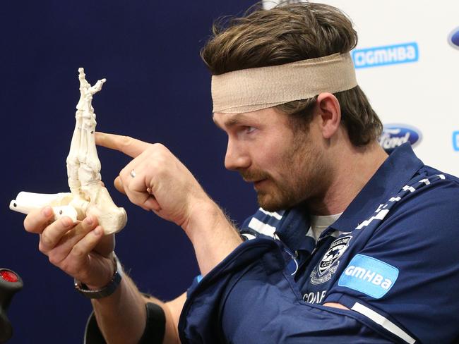 Geelong AFL Football Geelong Cats stake out - an Injured Patrick Dangerfield. Arrives for a press conference in a moon boot , showing off his injuries  with a skeleton Picture: Mark Wilson