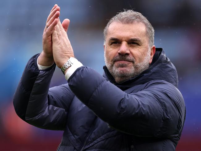 BIRMINGHAM, ENGLAND - MARCH 10: Ange Postecoglou, Manager of Tottenham Hotspur, applauds the fans after the team's victory in the Premier League match between Aston Villa and Tottenham Hotspur at Villa Park on March 10, 2024 in Birmingham, England. (Photo by Alex Pantling/Getty Images)