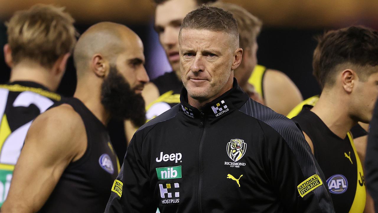 Damien Hardwick, Senior Coach of the Tigers at the 3\4 time break on Saturday night (Pic: Michael Klein).