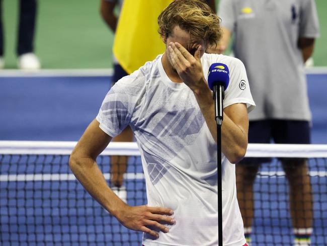 NEW YORK, NEW YORK - SEPTEMBER 13: Alexander Zverev of Germany reacts during the trophy presentation after losing his Men's Singles final match against and Dominic Thiem of Austria on Day Fourteen of the 2020 US Open at the USTA Billie Jean King National Tennis Center on September 13, 2020 in the Queens borough of New York City. (Photo by Al Bello/Getty Images)