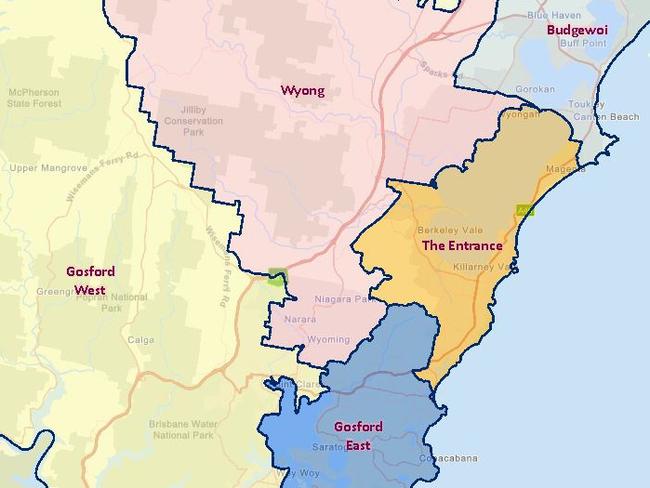 The five wards for the upcoming Central Coast Council election include Budgewoi, Wyong, The Entrance, Gosford East and Gosford West.