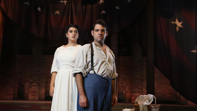 Actors Aaron Robuck and Montana Sharp, on stage at the Seymour Centre in Sydney, before appearing in the musical production Parade. Aaron and Montana play lead roles of Leo Frank and his wife Lucille Selig. Picture: Britta Campion/The Australian