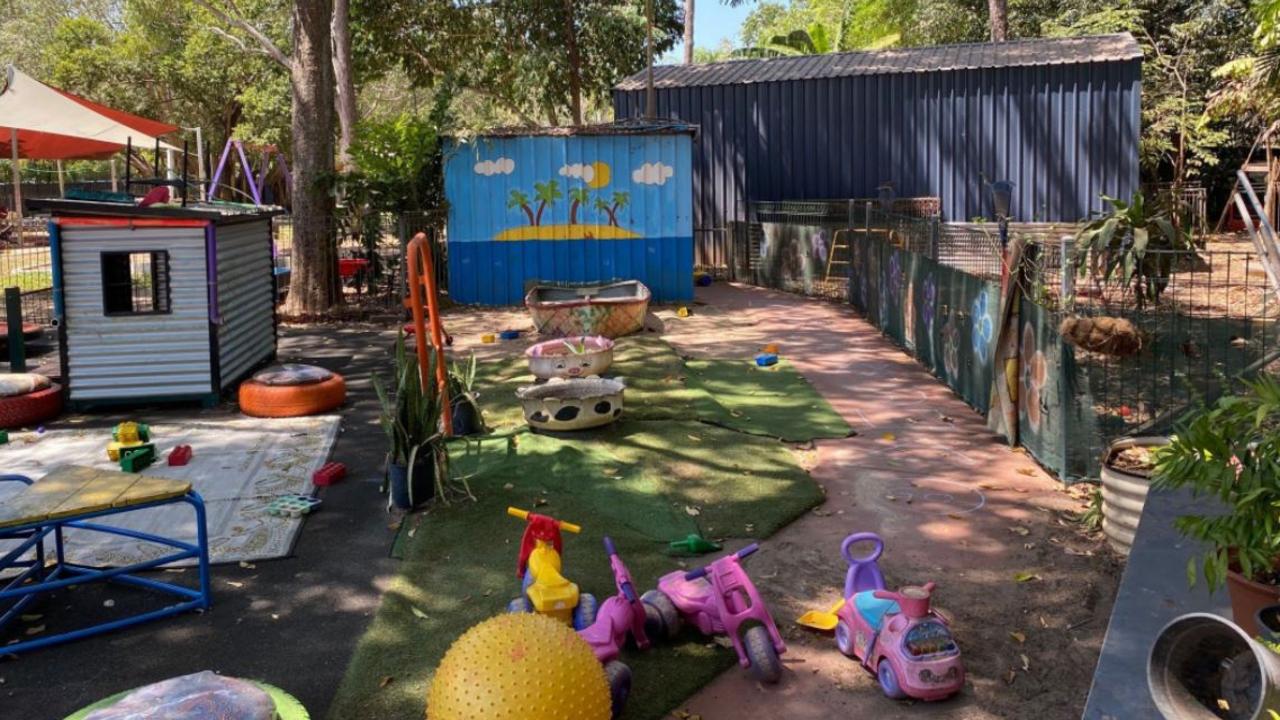 In August 2023, 22-month-old Ebony Thompson was discovered unresponsive and unconscious behind this blue shed, a known 'blind spot' at the Humpty Doo Community and Child Care Centre.