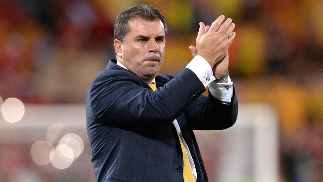 BRISBANE, AUSTRALIA - JANUARY 22: Coach Ange Postecoglou of Australia celebrates victory after the 2015 Asian Cup match between China PR and the Australian Socceroos at Suncorp Stadium on January 22, 2015 in Brisbane, Australia. (Photo by Bradley Kanaris/Getty Images)