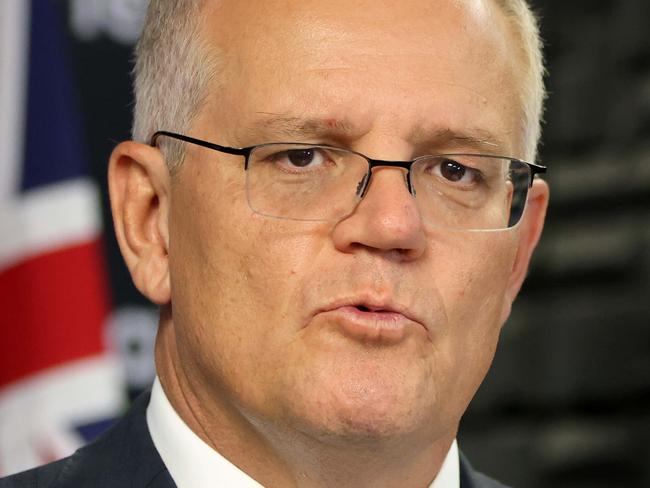 SYDNEY, AUSTRALIA - NewsWire Photos MARCH 25, 2022: Prime Minister Scott Morrison pictured speaking at the opening of the Macquarie Telcom Data Centre, Macquarie Park.Picture: NCA NewsWire / Damian Shaw