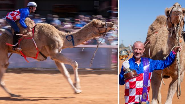 Boulia, QLD: The Melbourne Cup takes to the sand as Glen Boss competes with Billy the Camel at the Boulia Camel Races. Picture: Jay Town