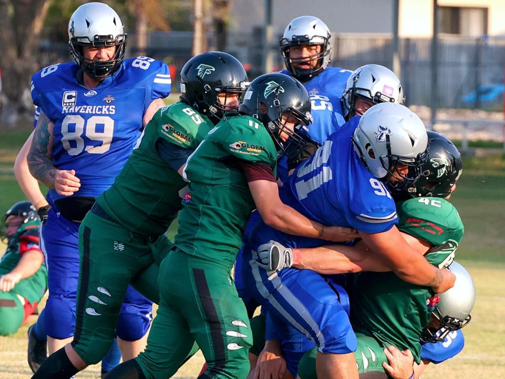 The Mavericks in action against Cairns. Picture: Mackay Gridiron Facebook/Steve McBride.