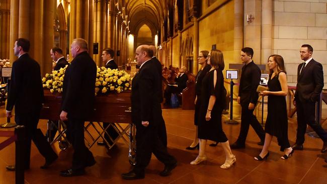 Willesee’s coffin arrives at the Requiem Mass. Picture: AAP